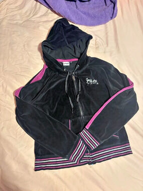 FILA Velour Hoodie in Black & Pink